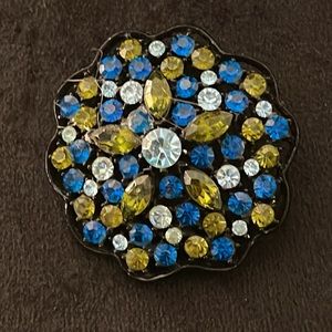 50’s Black Metal with Turquoise, Light Blue and Olive Green Crystal Pin